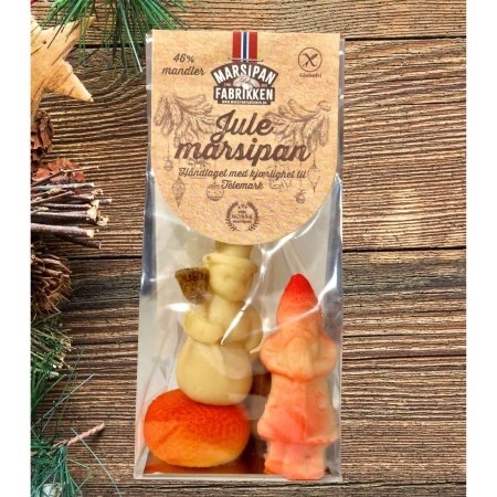 Frydas julemarsipan, der hver figur er laget av deilig norsk kvalitetsmarsipan. Kun de beste råvarene er brukt for å gi oss en smaksopplevelse som tar oss tilbake til barndommens gleder. 
150g