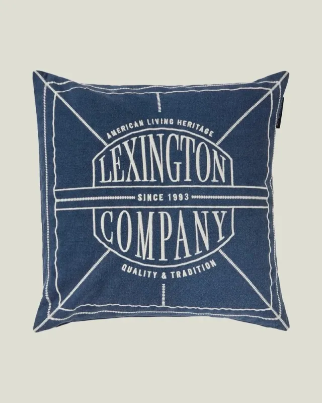Lexington Logo Putetrekk i Vasket Økologisk Bomull - Mørk Blå/Lys Beige, 50x50cm